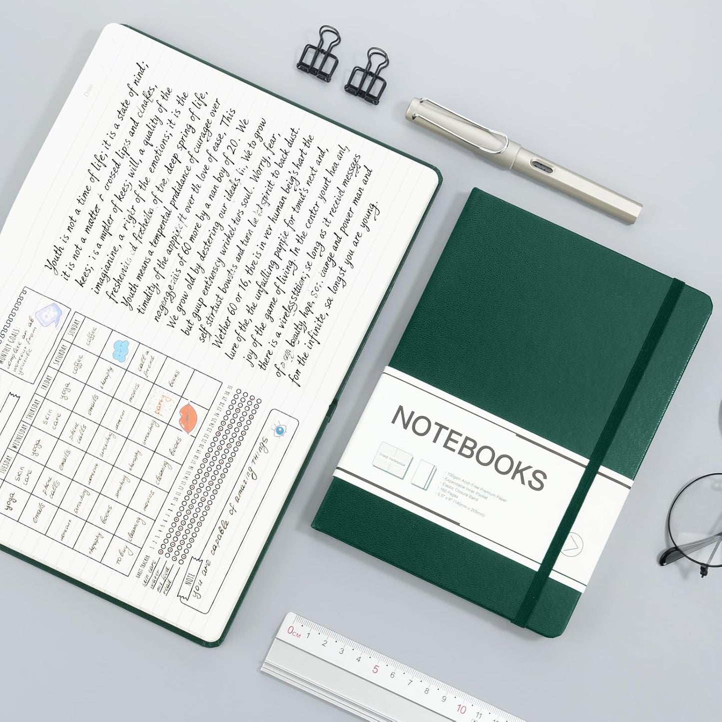M&G Dotted Journal Notebook, 160 Pages, A5 Medium Size 5.6" x 8" for Men Women, 100GSM Thick College Ruled Paper Bullet Journal for Note Taking, Work & Office, Leather Hardcover, Green