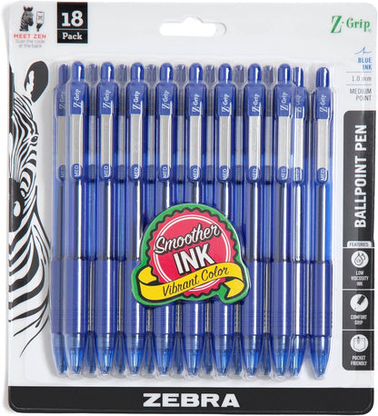 Zebra Pen Z-Grip Retractable Ballpoint Pen, Smooth-Flowing Black Ink, 1.0mm Medium Point, School & Office Supplies, Ideal for Note-Taking, Journal and Planner Use, 18-Pack (22218)
