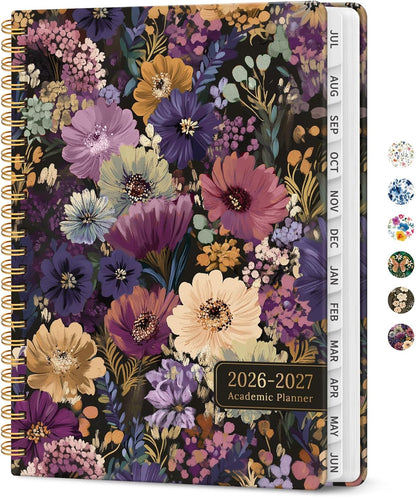 Planner 2026-2027, Academic Year Monthly and Weekly Calendar Planner, Jul 2026 - Jun 2027, Hardcover Teacher Student Planning Agenda book with Tabs, Perfect for School Office Supplies, 6.3" x 8.5" - Wildflowers