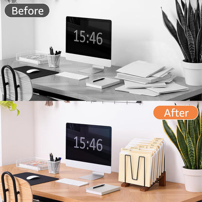 TREWAVE Inclined File Organizer for Desk, Adjustable 7-Section Vertical Desk File Organizer with Wooden Base, Metal Desktop Paper Folder Holder for Office, Home, Classroom and School Workspace