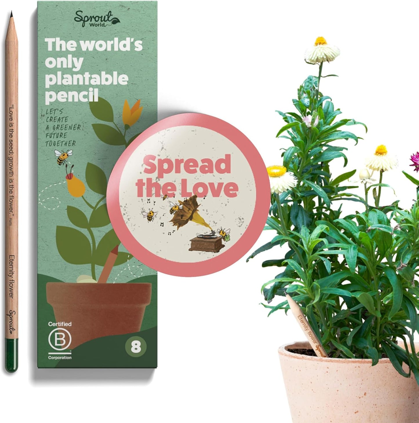 SproutWorld Wood-Cased Pencils | Mindful Thoughts Edition | HB Pre-Sharpened Graphite Plantable Wooden Pencils with Flower, Herb & Vegetable Seeds | Gift with Inspirational Quotes | 8 Pack