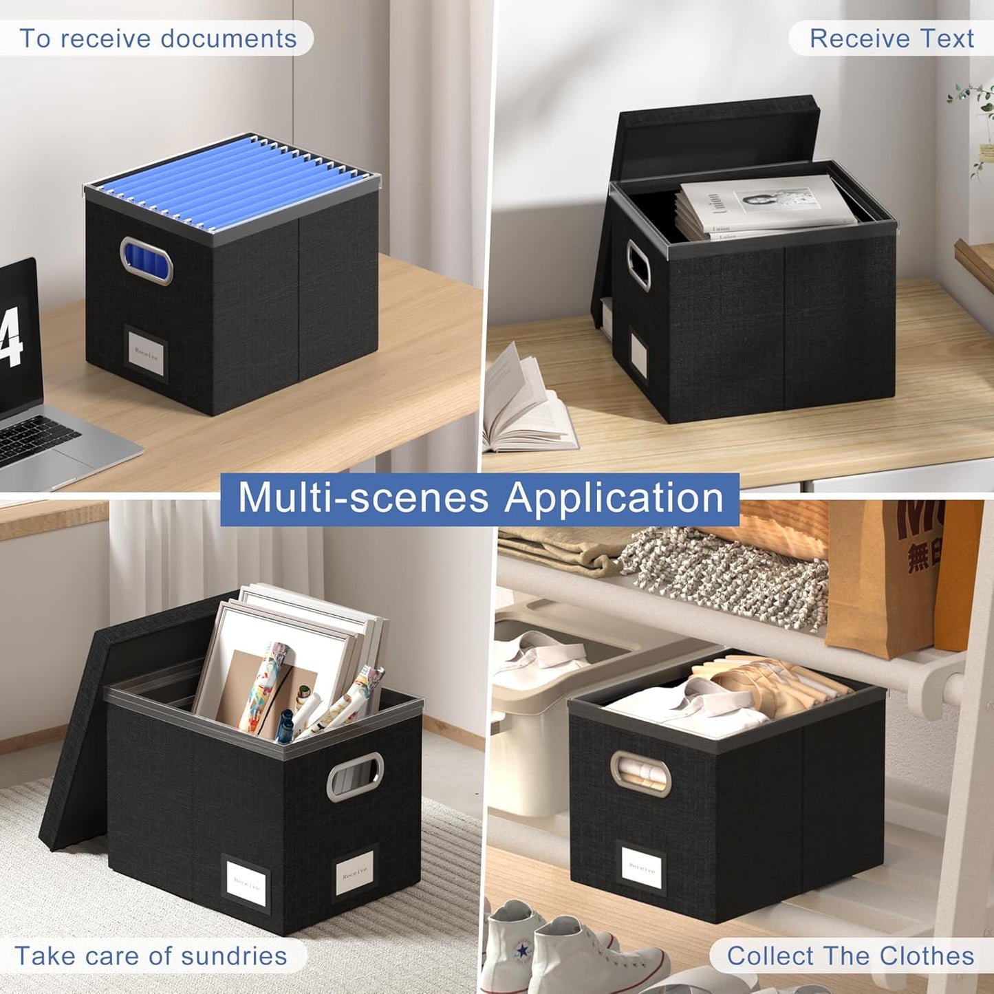 File Organizer Box - File Boxes for Hanging Files with Lid Set of 2 Decorative Hanging Folders Letter Size Organizer with One-Piece Plastic Frame Slides (Grey, 13.2 * 10.1 * 10.1in(2Pack))