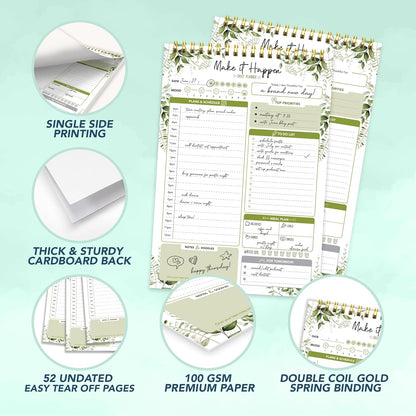 Decorably 52 Sheets Boho Celestial Undated Daily to Do List Notepad - 6.5x10" Spring-Bound Planner, Easy Tear-Off, for Schedule, Priorities, Agenda, Water Intake, Meals, Notes & Doodles - Home, Office