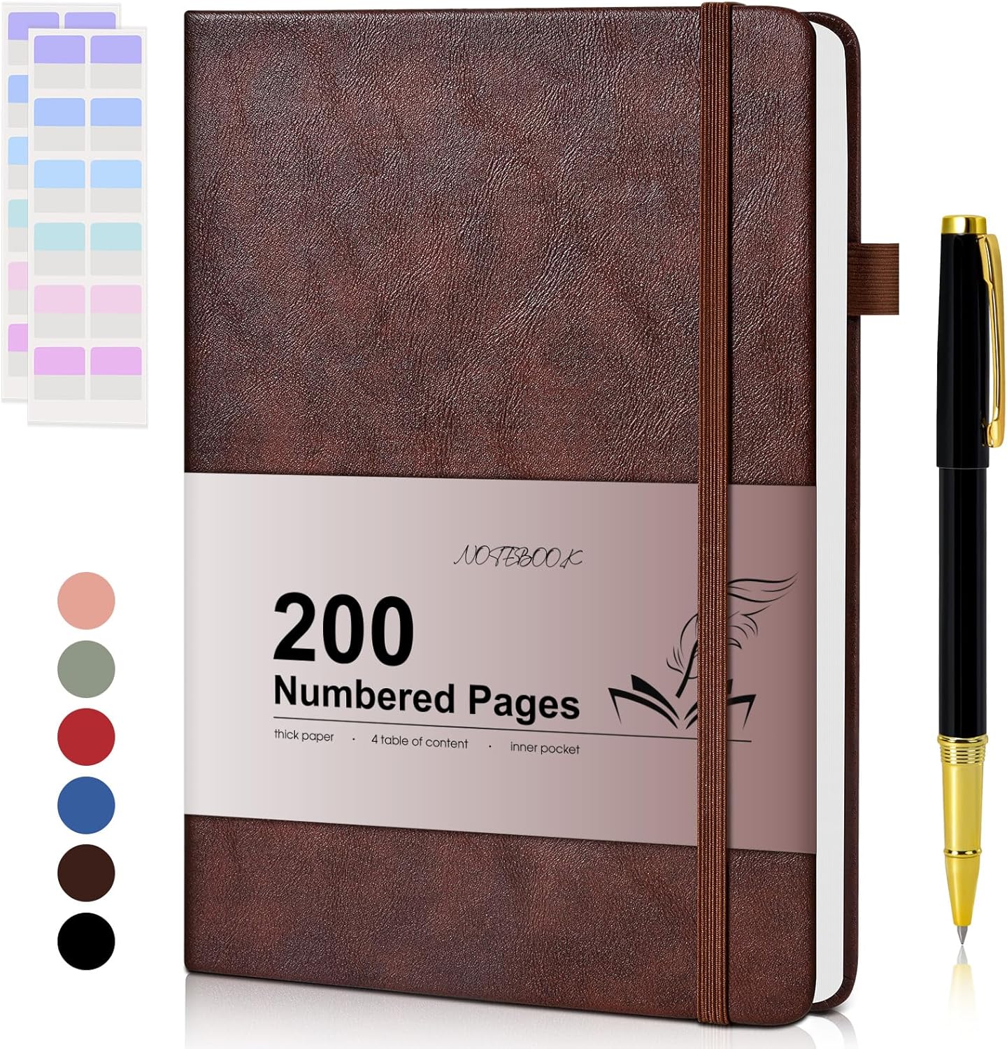 Lined Journal Notebook for Men Women, 200 Numbered Pages Leather Hardcover Journal with Pen, A5 Journaling Notebooks, Thick Paper College Ruled Journals for Writing Work Business 5.75'' X 8.38'' Black