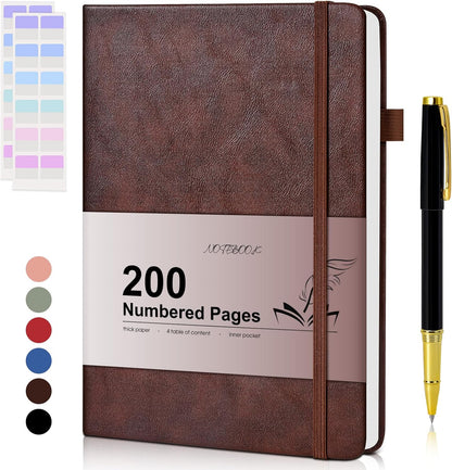 Lined Journal Notebook for Men Women, 200 Numbered Pages Leather Hardcover Journal with Pen, A5 Journaling Notebooks, Thick Paper College Ruled Journals for Writing Work Business 5.75'' X 8.38'' Black