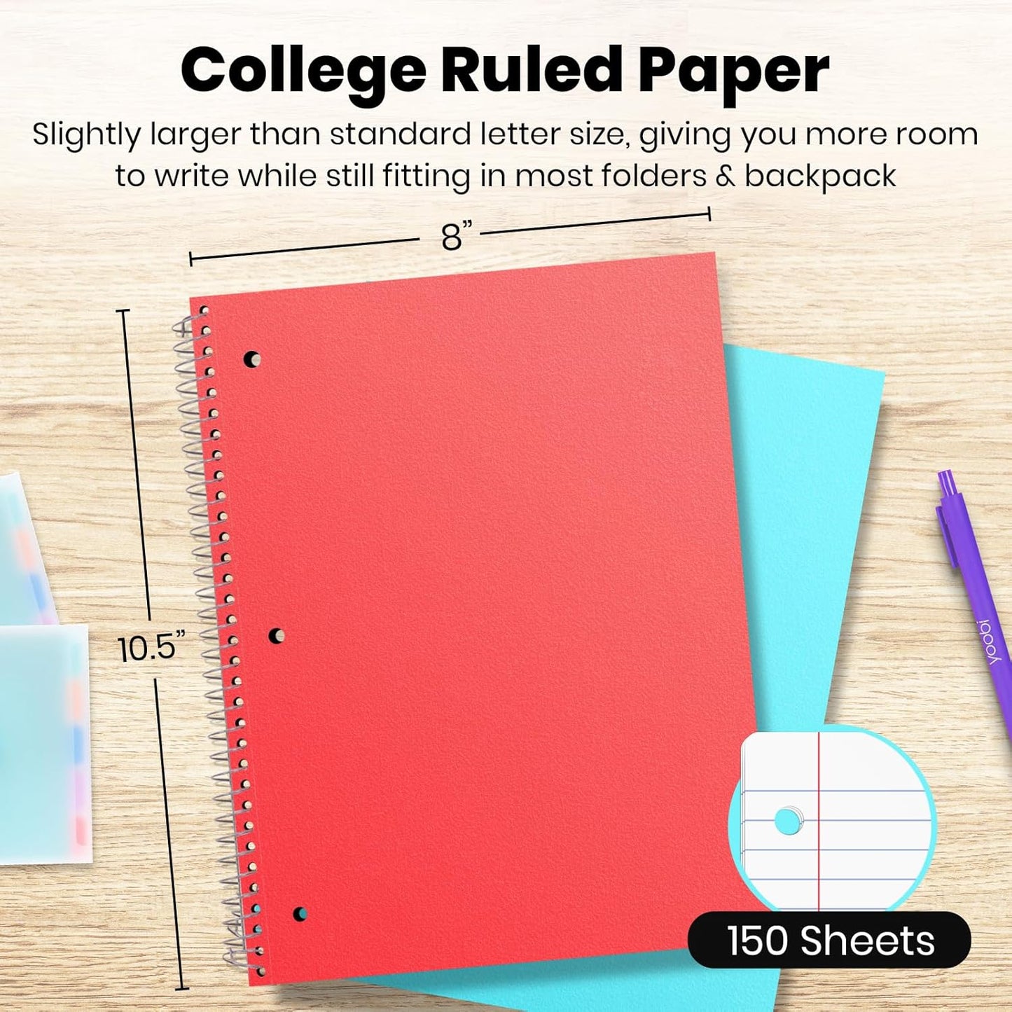 Yoobi College Ruled 8 x 10.5” Spiral Notebook Set – 3-Pack of 1 Subject Notebooks, Pink, Purple & Black Celestial Patterns – 150 Perforated 3-Hole Punched Sheets