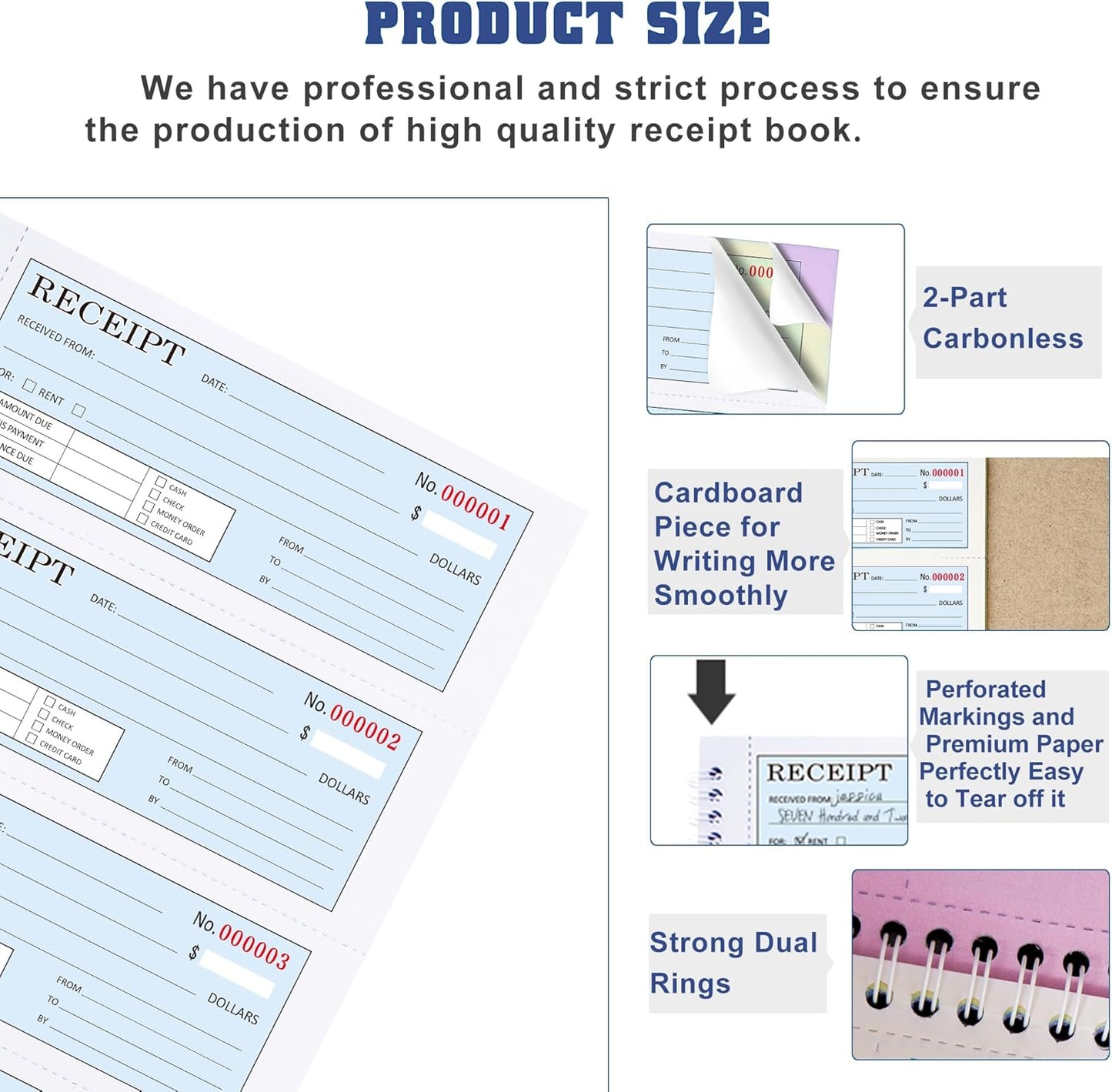 Zzrywuty Money and Rent Receipt Book with Cardboard Insert,2-Part Carbonless,5.3”x11.2” Spiral Bound,200 Sets per Book,4 Receipts per Page for Office Supplier,Rent and Cash Transaction