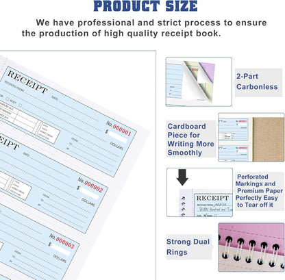 Zzrywuty Money and Rent Receipt Book with Cardboard Insert,2-Part Carbonless,5.3”x11.2” Spiral Bound,200 Sets per Book,4 Receipts per Page for Office Supplier,Rent and Cash Transaction