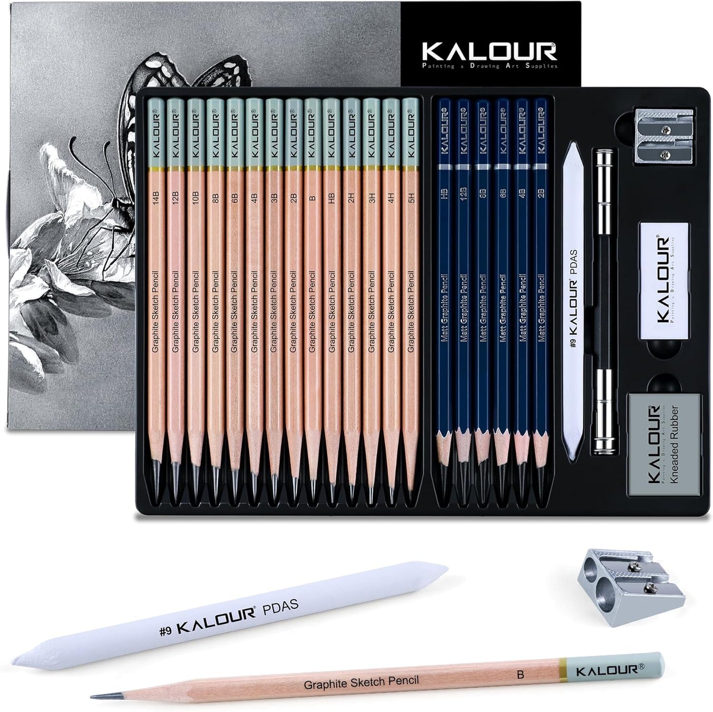 KALOUR 29 Pro Sketching Drawing Pencils Set with Roll-Up Nylon Case – 14 Graphite Pencils (14B–5H), Charcoal Pencils, Erasers, Sharpener & Stumps – Complete Art Kit for Artists & Beginner