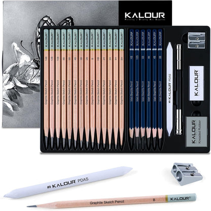 KALOUR 29 Pro Sketching Drawing Pencils Set with Roll-Up Nylon Case – 14 Graphite Pencils (14B–5H), Charcoal Pencils, Erasers, Sharpener & Stumps – Complete Art Kit for Artists & Beginner