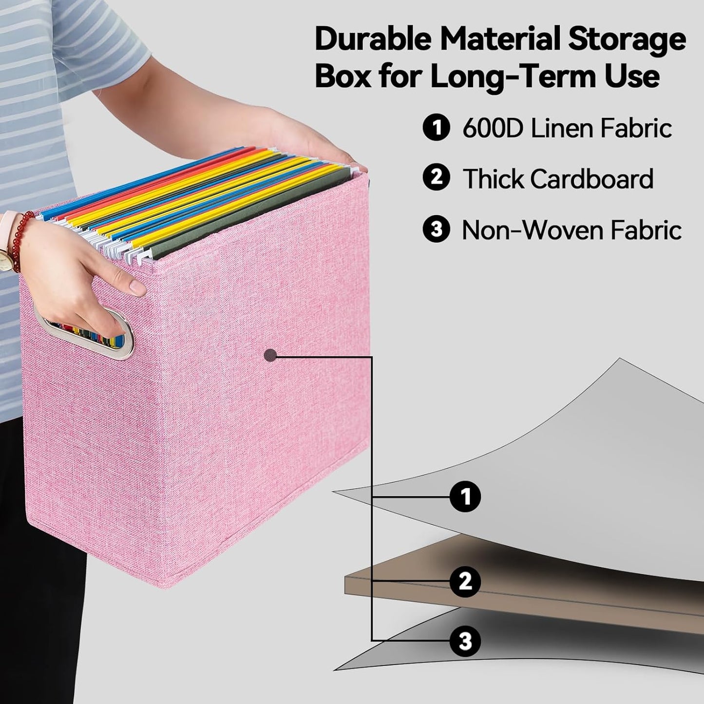 4 Pack Letter Size File Storage Box Collapsible, Fabric Hanging File Folders Organizer, Portable Office Document Holder with Metal Handle, Smooth PVC Rails, Beige