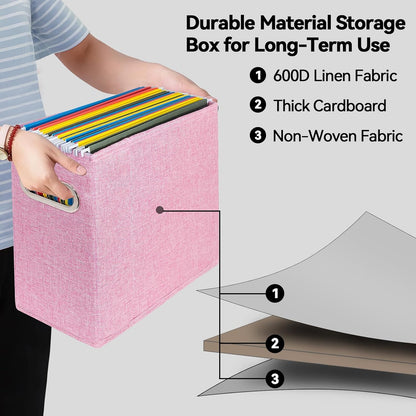 4 Pack Letter Size File Storage Box Collapsible, Fabric Hanging File Folders Organizer, Portable Office Document Holder with Metal Handle, Smooth PVC Rails, Beige