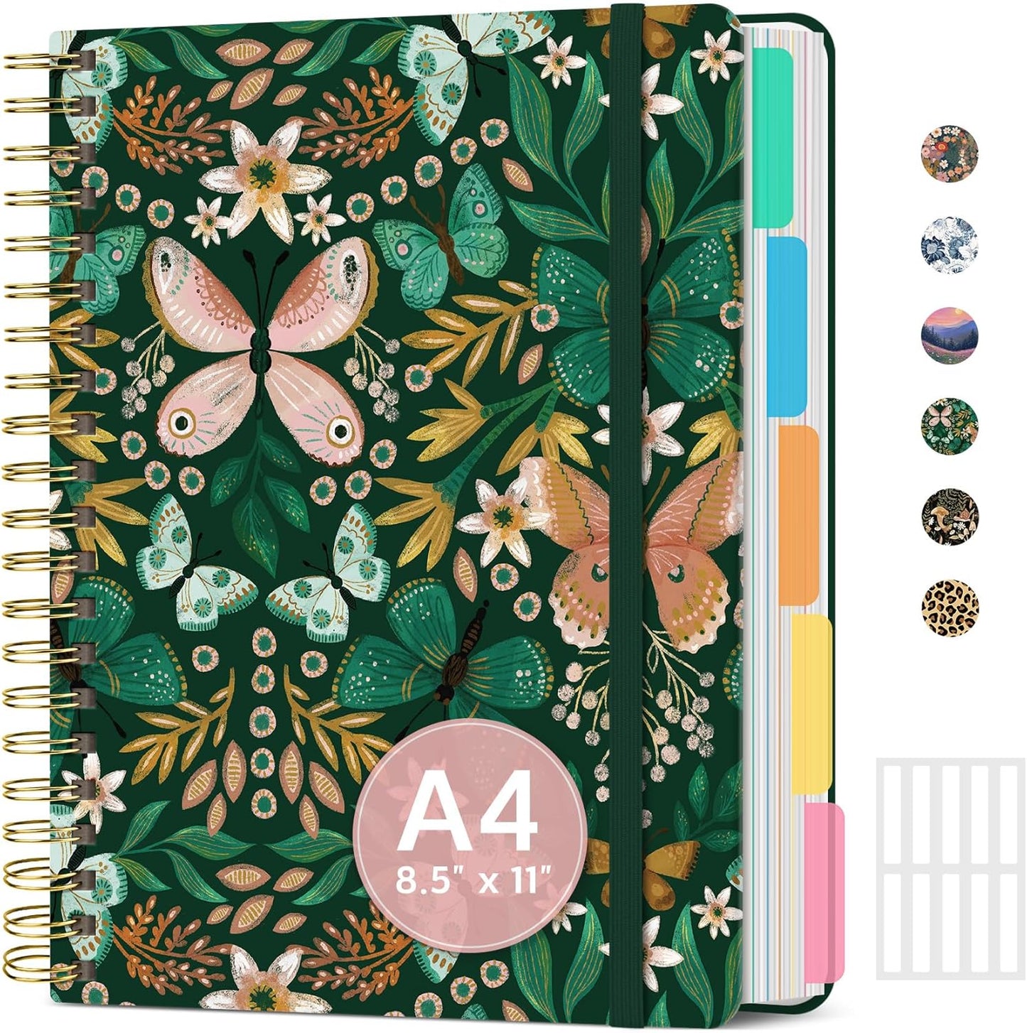 Large Spiral Notebook with Dividers & Tabs, 8.5" x 11" Hardcover 5 Subject Notebook for Work, 280 pages, College Ruled, Cute Journal for Women, Perfect for Study & Office Note Taking, Garden
