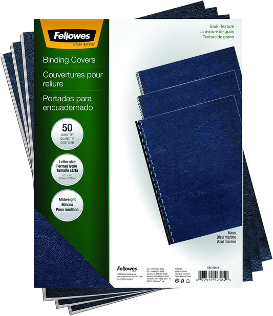 Fellowes Letter Size Binding Covers Expressions Grain, 50-Pack, Navy (52124)