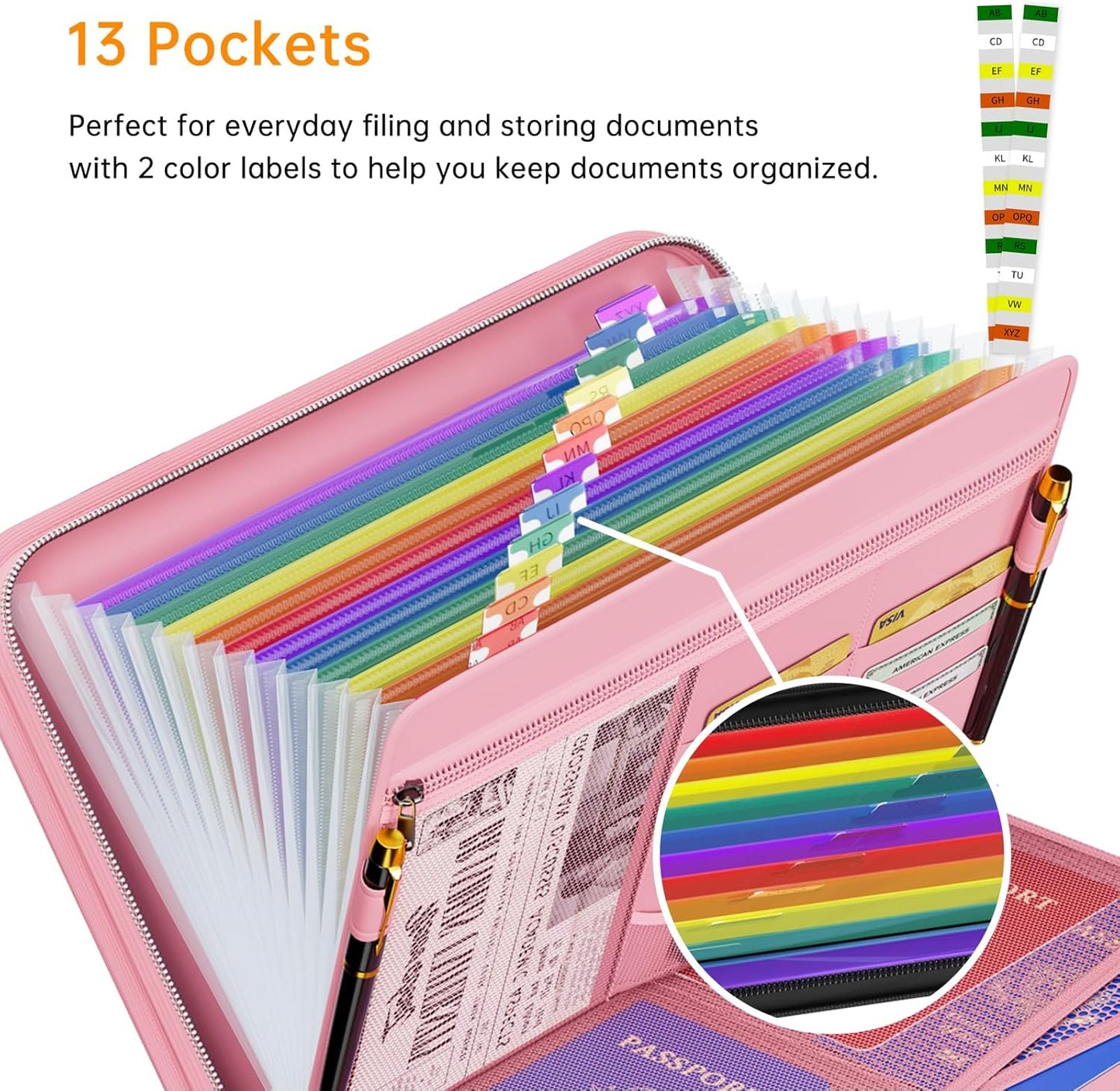 Tamfile Fireproof Accordion File Organizer with Handle, 13 Pocket Transparent Expanding File Folder with Zipper & Labels, File Folder with Multi-Pockets Paper Organizer Folder for Letter A4 Files