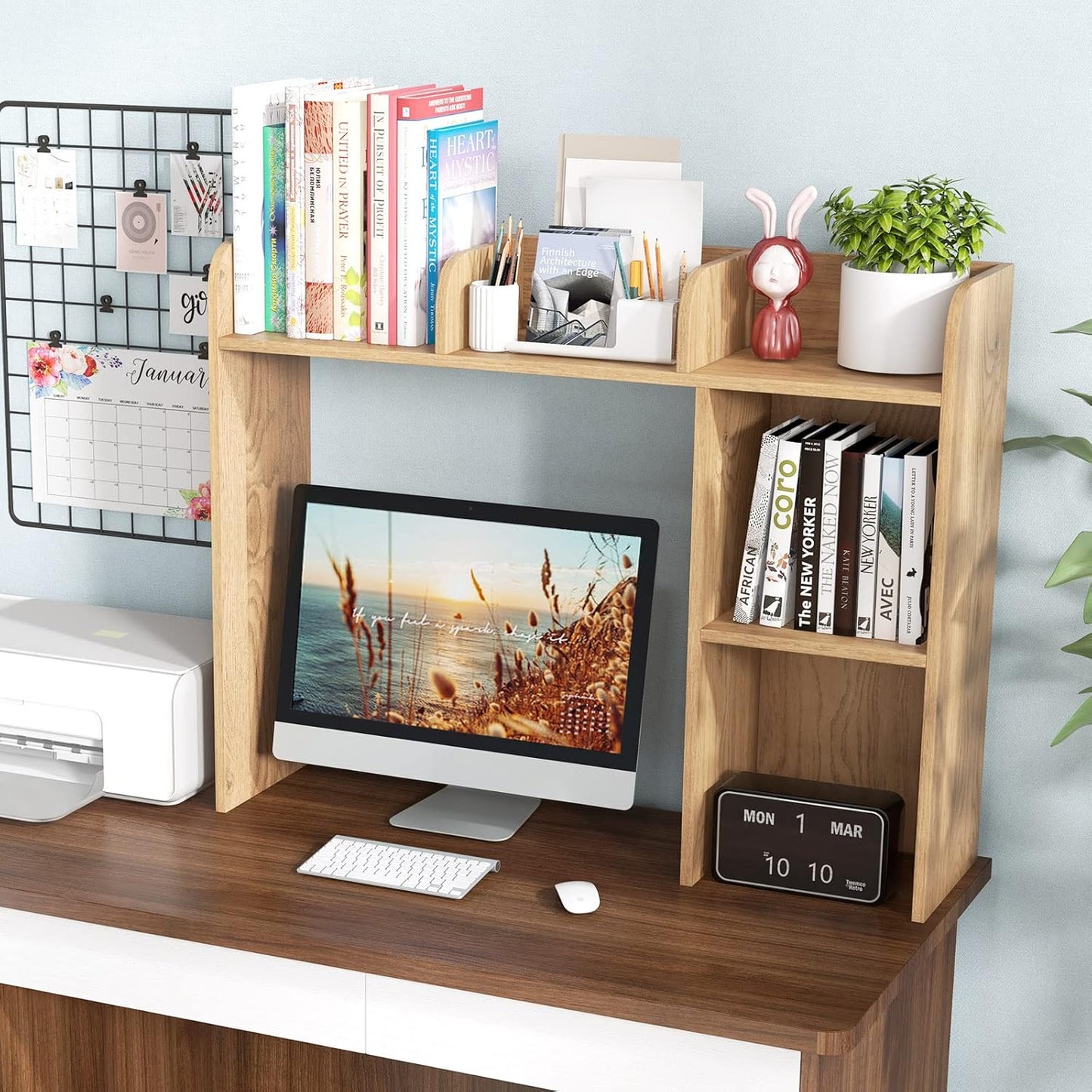 Tangkula Desktop Bookshelf, Countertop Storage Hutch with 5 Shelves for Computer Desk, Desk 3-Tier Display Rack, Multipurpose Wood Desktop Hutch Storage Organizer for Dorm Office Home
