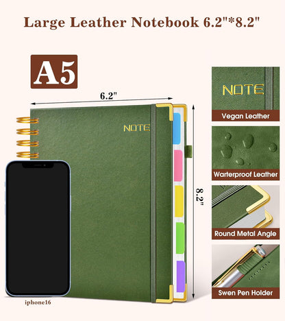 Hardcover Large Spiral Notebook 8.5" x 11" with Removable Dividers Tabs, 300 pages Leather 5 Subject Notebook College Ruled, A4 Journal for Women Men, Notebooks for Work School Note taking,Black
