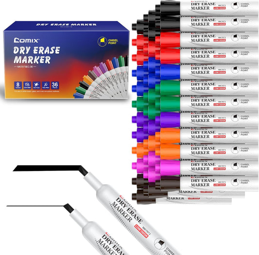 Comix Low Odor Dry Erase Markers, Chisel Tip Whiteboard Marker, 8 Assorted Colors Pack of 36 Markers for Classrooms Offices & Home Offices
