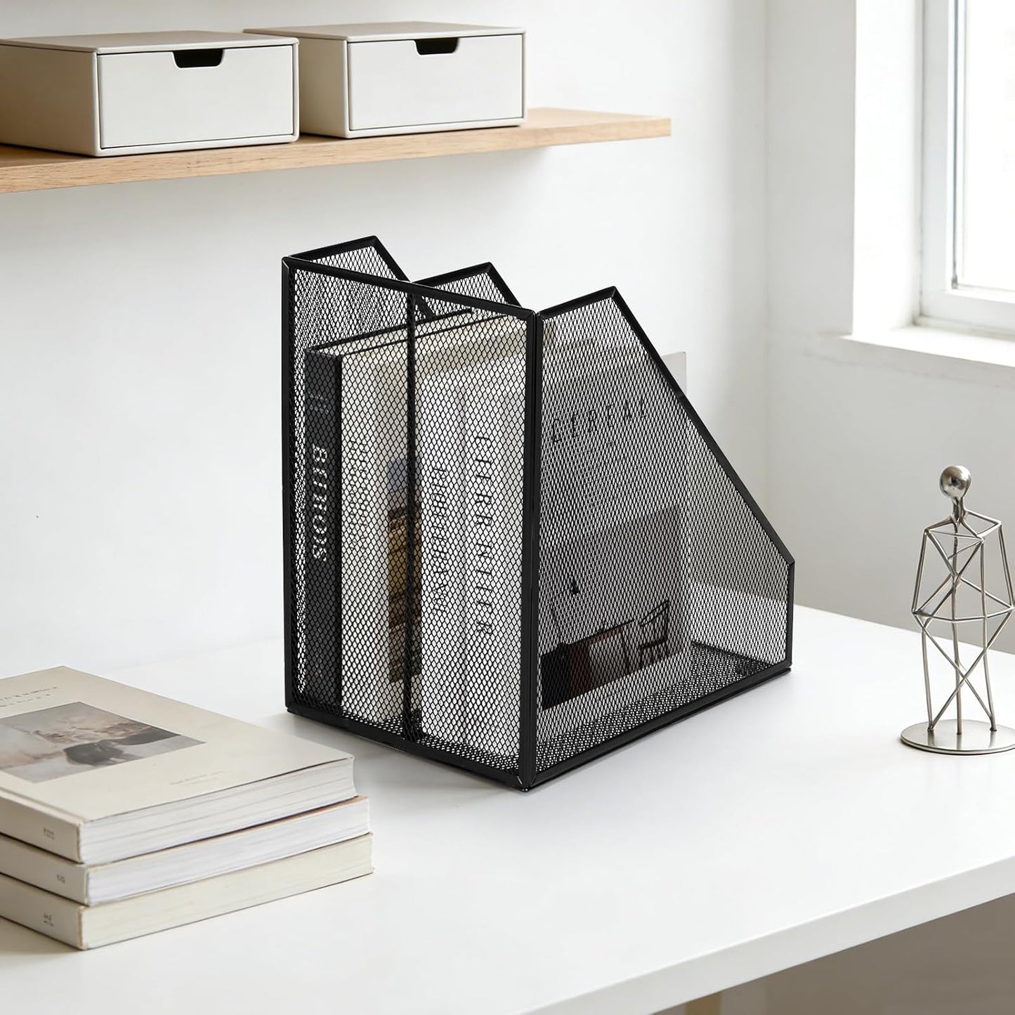 Carperipher Metal Mesh Magazine File Holder, 2 Pcs Desk Document Organizer, 2 Compartments Desk Organizers, Mesh Desktop Organizer and Storage, Black