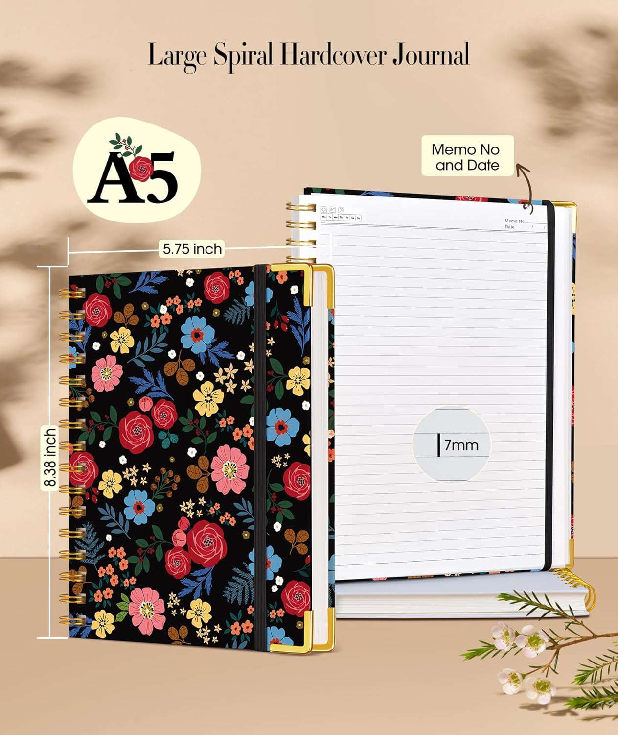 Cute Spiral Notebook Journal for Women, 200 Pages Lined Notebooks 8.5” x 11”, A4 Large Hardcover Spiral Journals with 100 GSM Thick Paper, College Ruled Notebook for Writing Work School, Orange Floral