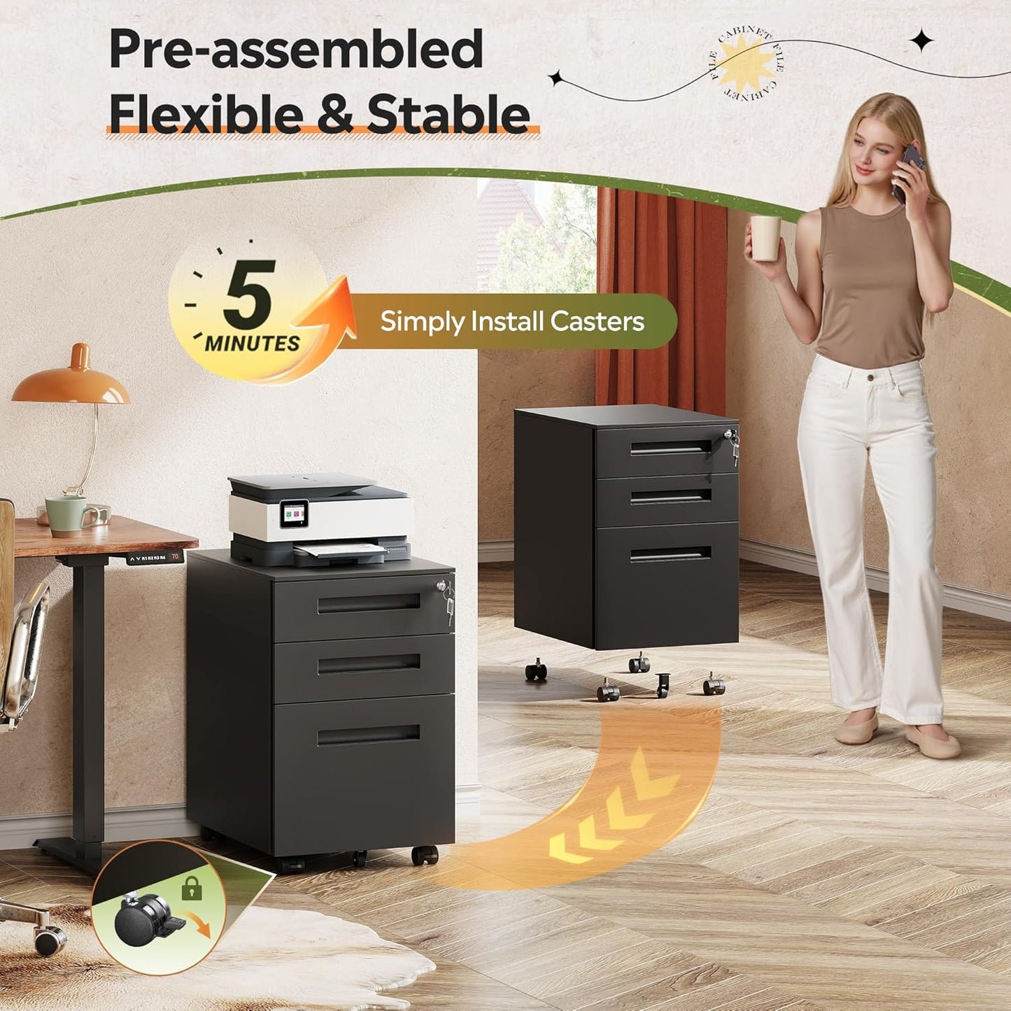 DEVAISE 3 Drawer Mobile File Cabinet Under Desk Office, Fully Assembled Except Casters, Letter/Legal Size, Black