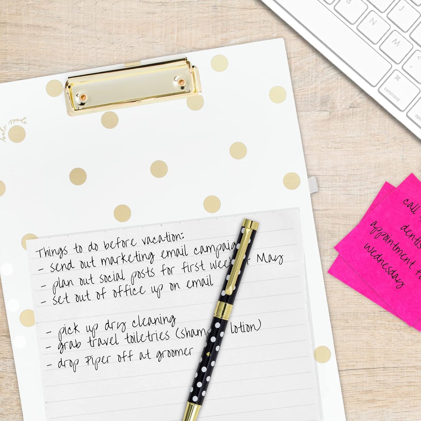 Kate Spade New York Clipboard Folio with Low Profile Clip, Black Professional Padfolio Includes Lined Notepad, Pen Loop, and Pocket, Polka Dots