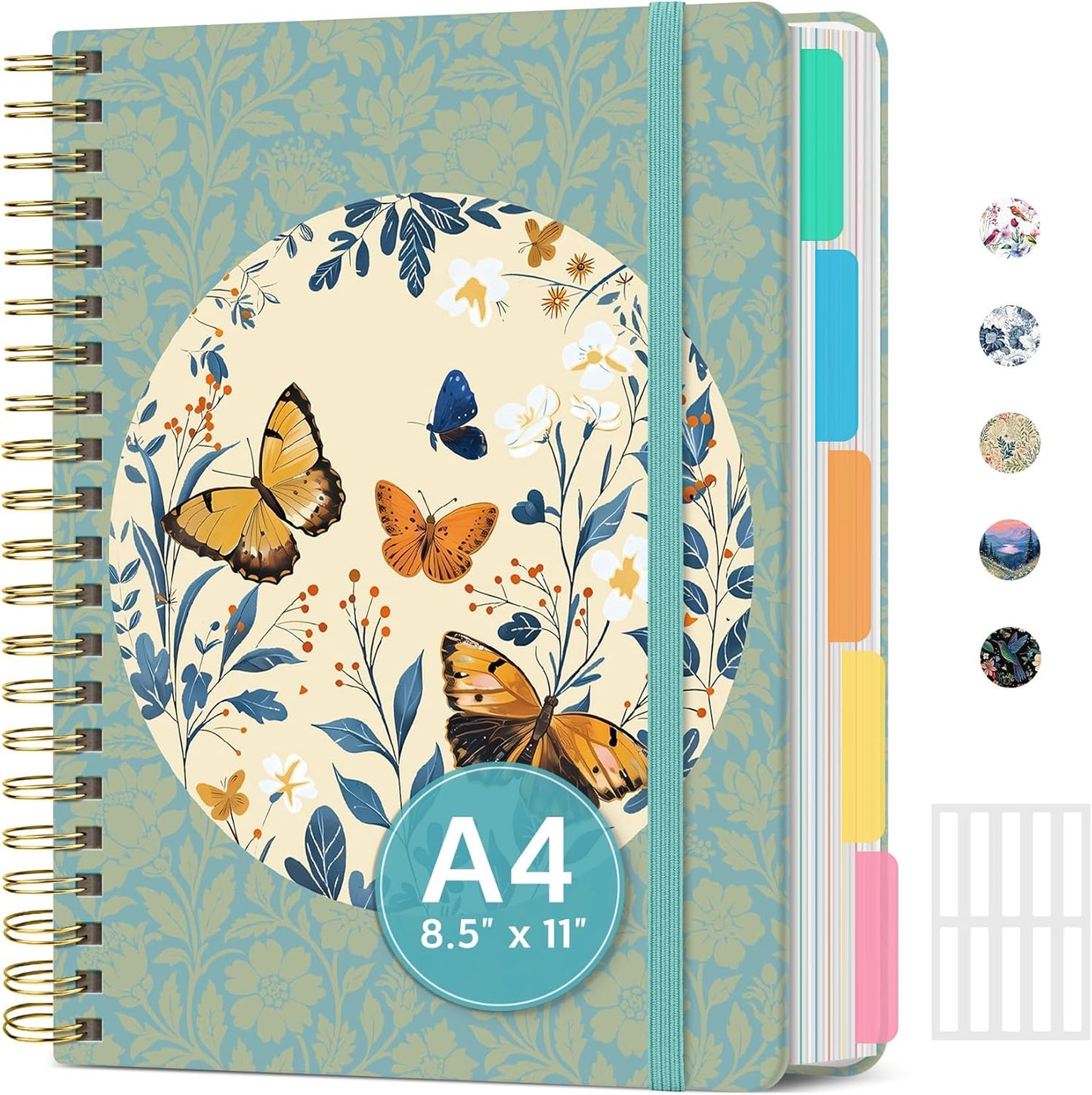 Large Lined Spiral Journal for Women Cute Hardcover 5 Subject Notebook for Work 8.5" x 11" with Removable Dividers & Tabs, College Ruled, 280 Pages Aesthetic Journal for Work, School & Note Taking, Garden of Whimsy