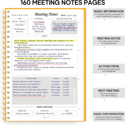 Taja Meeting Notebook for Work Organization - Work Planner Notebook with Action Items, Agenda Planner for Note Taking, 160 Pages (6.9" X 9.9") Project Organizer for Men & Women - Blue