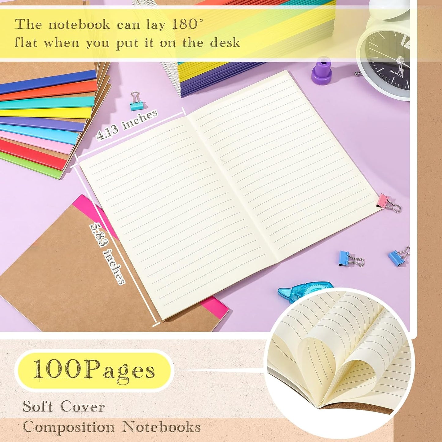 Handepo 100 Pack A5 Composition Notebooks 72 Pages/36 Sheets Ruled Lined Composition Kraft Notebooks Bulk Soft Cover Journals Travel Memo for Students Classroom Office Supplies(a5, Colourful)