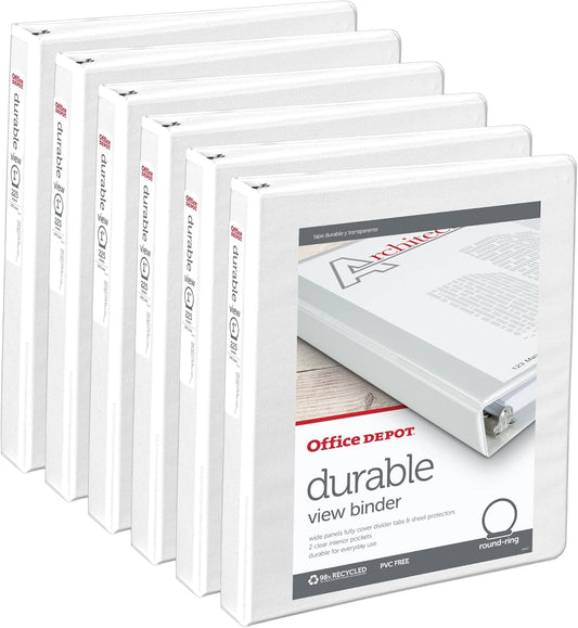 Office Depot® Brand Durable Round-Ring View Binders, 1" Rings, White, Pack of 6 Binders