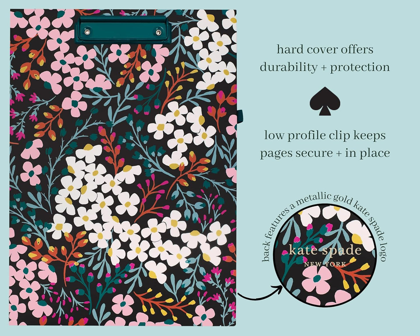 Kate Spade New York Clipboard Folio with Low Profile Clip, Black Professional Padfolio Includes Lined Notepad, Pen Loop, and Pocket, Polka Dots