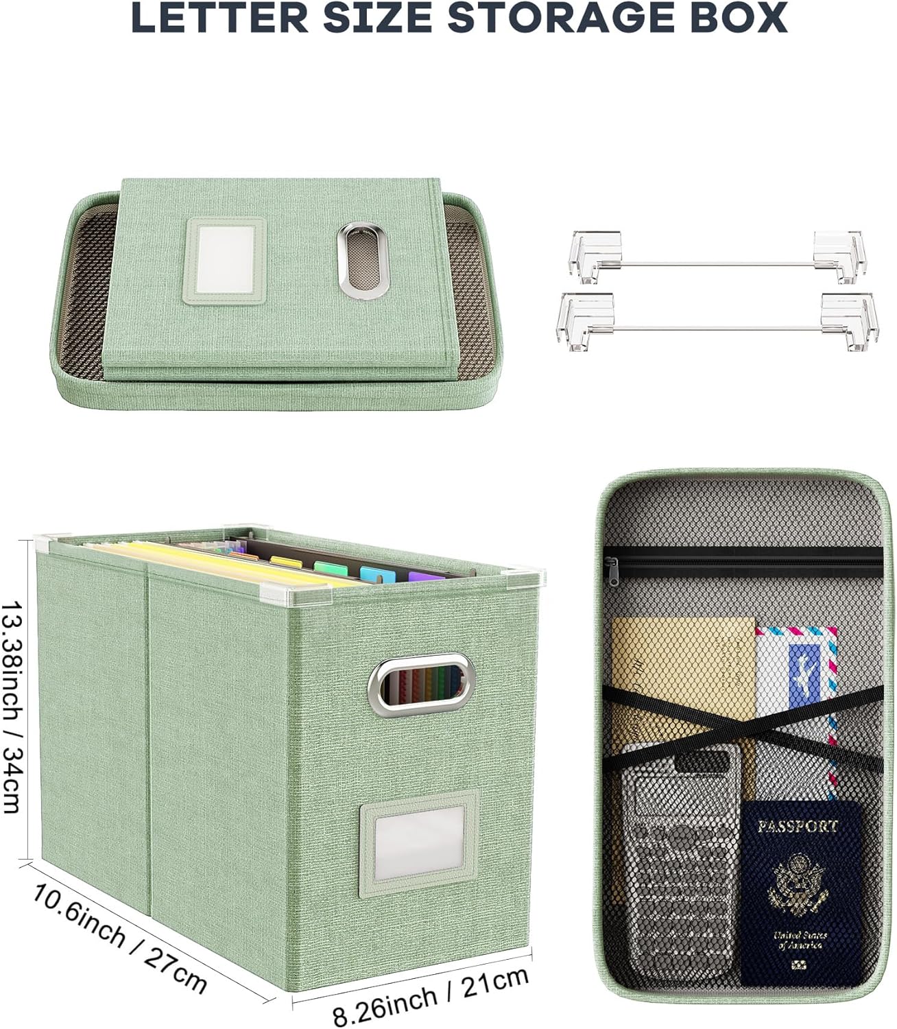 Oterri File Organizer Box with Lid, Hanging Filing File Box with Mesh Pocket, Document Organizer Box for Letter Files, Portable Storage Box with Smooth Sliding Rail for Office&Home (1 PCS, Beige)
