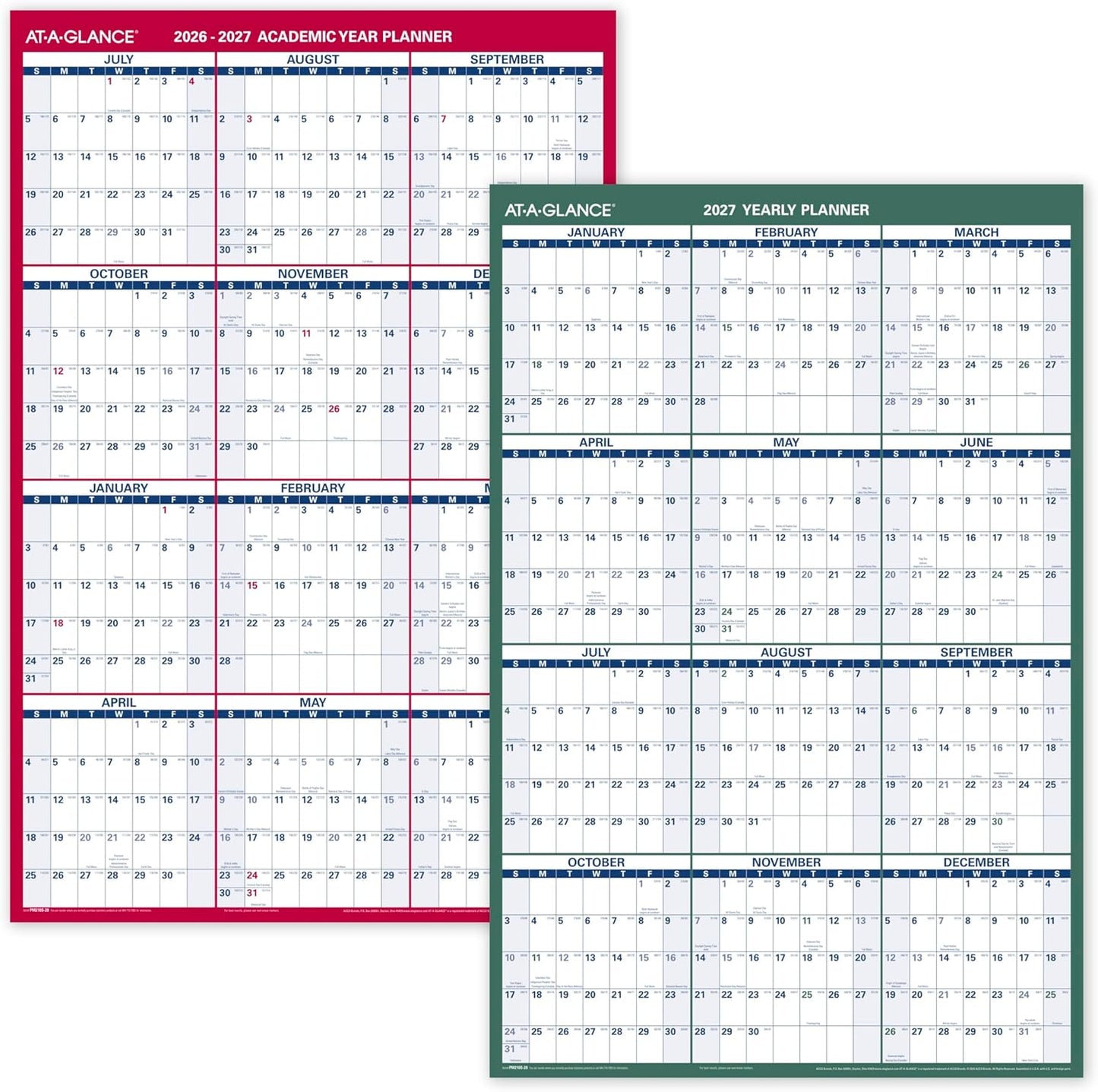 AT-A-GLANCE Dry Erase Calendar 2026-2027 Academic & Regular Year Wall Planner, 12-Month, 24" x 36", Double Sided, Vertical (PM210S28)