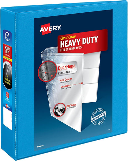 Avery Heavy-Duty View 3 Ring Binder, 2" One Touch Slant Rings, 2.8 Inch Wide Spine, Customizable Clear Cover, Ideal for School, Office, and Home Organization, 1 Light Blue Binder (05501)