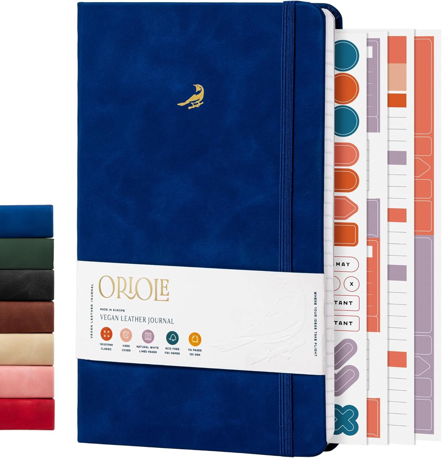 Oriole Vegan Leather Ruled Notebook - Chestnut Brown | 176 Pages of Thick Lined Paper | Soft Touch Hardcover Journal (5 x 8 in) with Gold Foil Bird Design & Luxury Gift Box