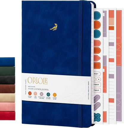 Oriole Vegan Leather Ruled Notebook - Chestnut Brown | 176 Pages of Thick Lined Paper | Soft Touch Hardcover Journal (5 x 8 in) with Gold Foil Bird Design & Luxury Gift Box