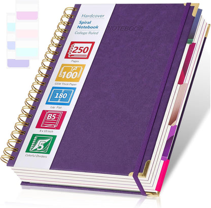 College Ruled Notebook, Spiral Notebook, Leather Hardcover Notebook Journal for Women Men, 5 Subject Notebook with Dividers, Journaling Notebooks for Work School, B5 Lined Notebook, 8" x 10", Teal