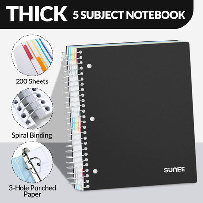 SUNEE 5 Subject Graph Paper Notebook - 400 Pages, 9"x11", 4x4 Graph Ruled Notebook, 5 Pocket Colored Dividers, 3-Hole Punched Paper, Black
