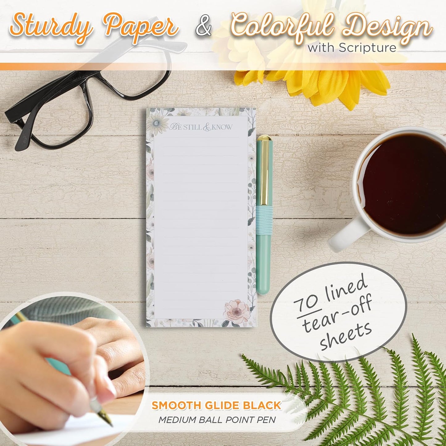 Christian Art Gifts Compact Magnetic Notepad & Medium Ballpoint Pen Set: Trust in the Lord Inspirational Scripture, Shopping Lists, Memos, Reminders, 70 Lined Easy Tear-off Sheets, Purple/Teal Floral