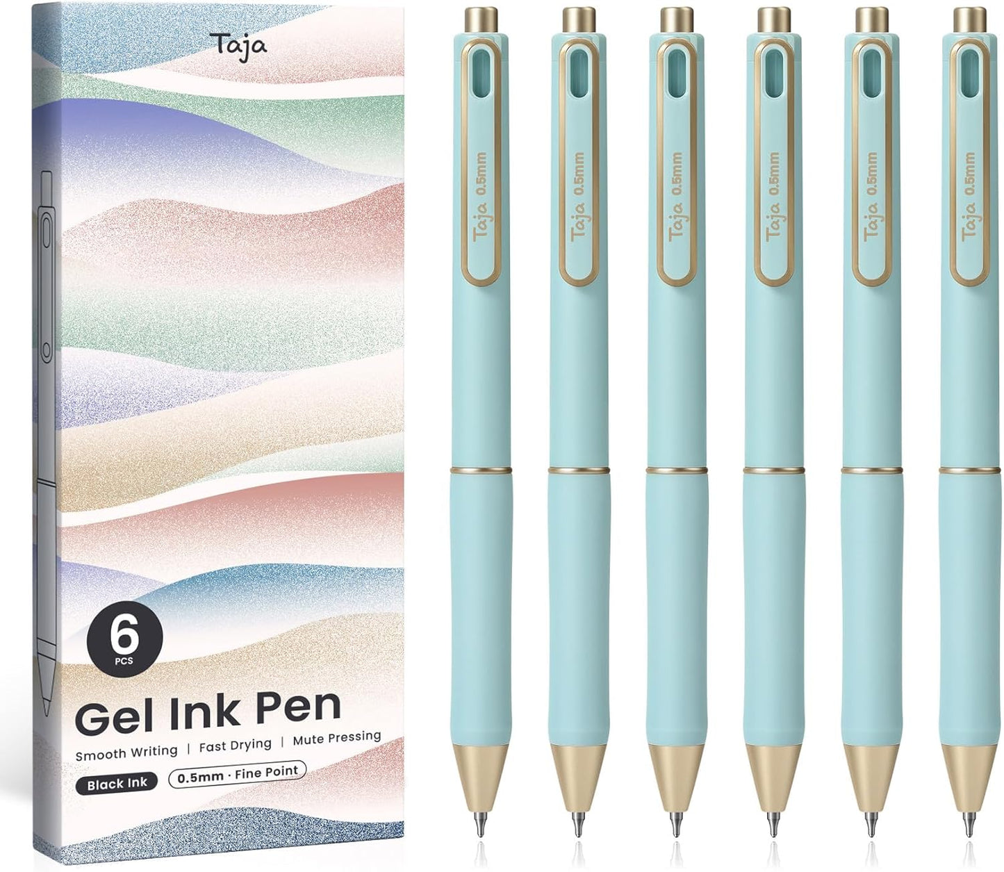 Taja Gel Pens, 6 Pcs Quick Dry Black Gel Ink Pens, 0.5mm Fine Point Smooth Writing Pens for Journaling and Note Taking, Cute Aesthetic Pens for Women & Men-Pastel