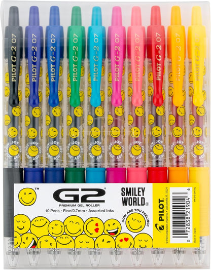 PILOT, G2 Premium Gel Roller Pens, G2 SmileyWorld Collection, Write Happier, 10 Pack Pouch, Fine Point 0.7 mm, Assorted