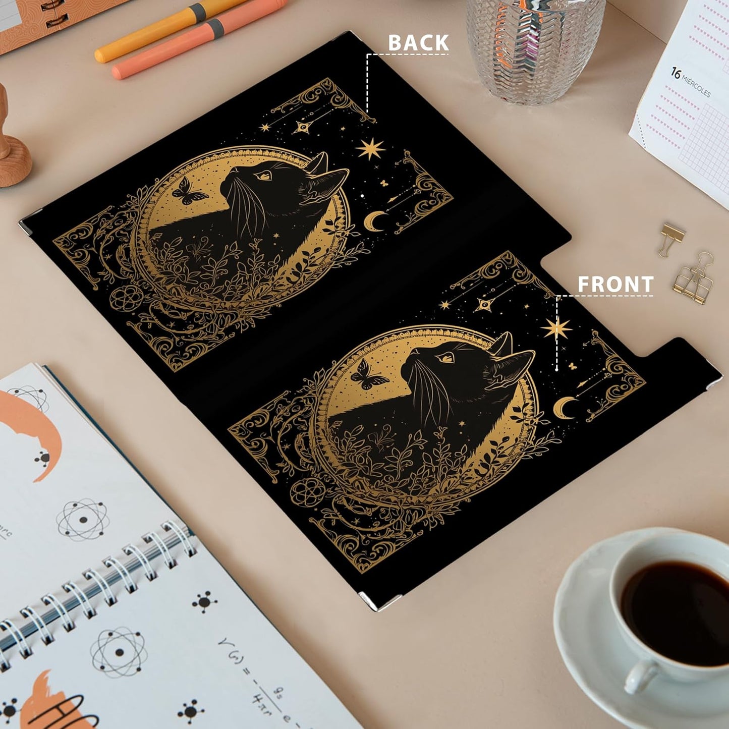 Gothic Moon Phase Clipboard Folio with Storage, Witchy Moon Decorative Clipboard Folder, Gothic Black Gold Clipboards for Women, Witchy Gifts Office Supplies, 12.4x9.2In