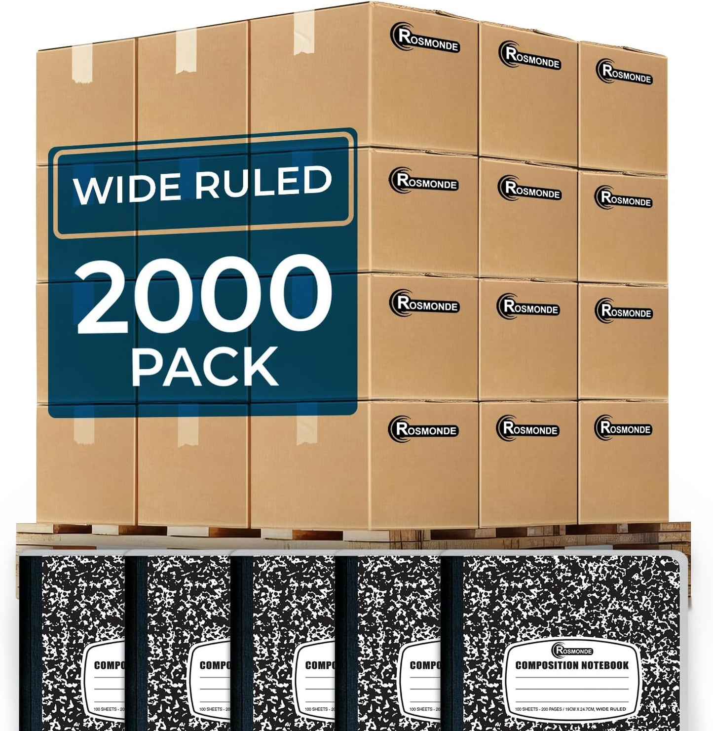 Rosmonde 50 Pack Composition Notebooks Bulk, Wide Ruled Composition Notebook, 200 Pages (100 Sheets), 9-3/4 x 7-1/2, Black Marble, Bulk School Supplies, Office Notebooks, Bulk Notebooks for School