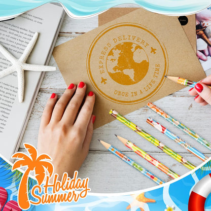 Fainne 72 Pcs Beach Themed Summer Pencils with Eraser Bulk Hawaiian Party Favors Cool Summer Novelty Fun Wooden Colorful Pencils for Class School Office Supplies Reward Party Gifts, 6 Style (Beach)