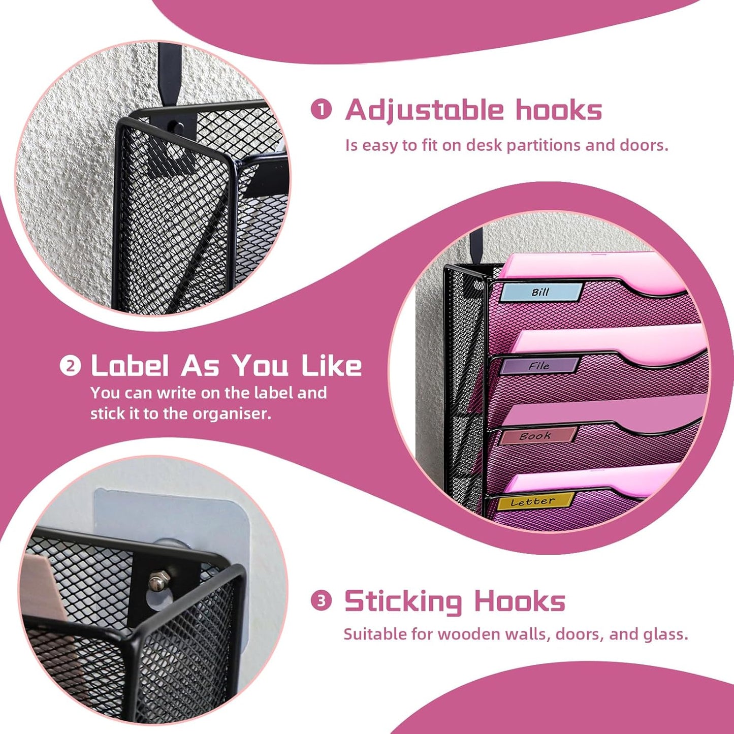 1 Pocket Mesh Wall File Holder Organizer Office Hanging File Folder Magazine Rack, Nametag Label Hooks Set Included (Black)