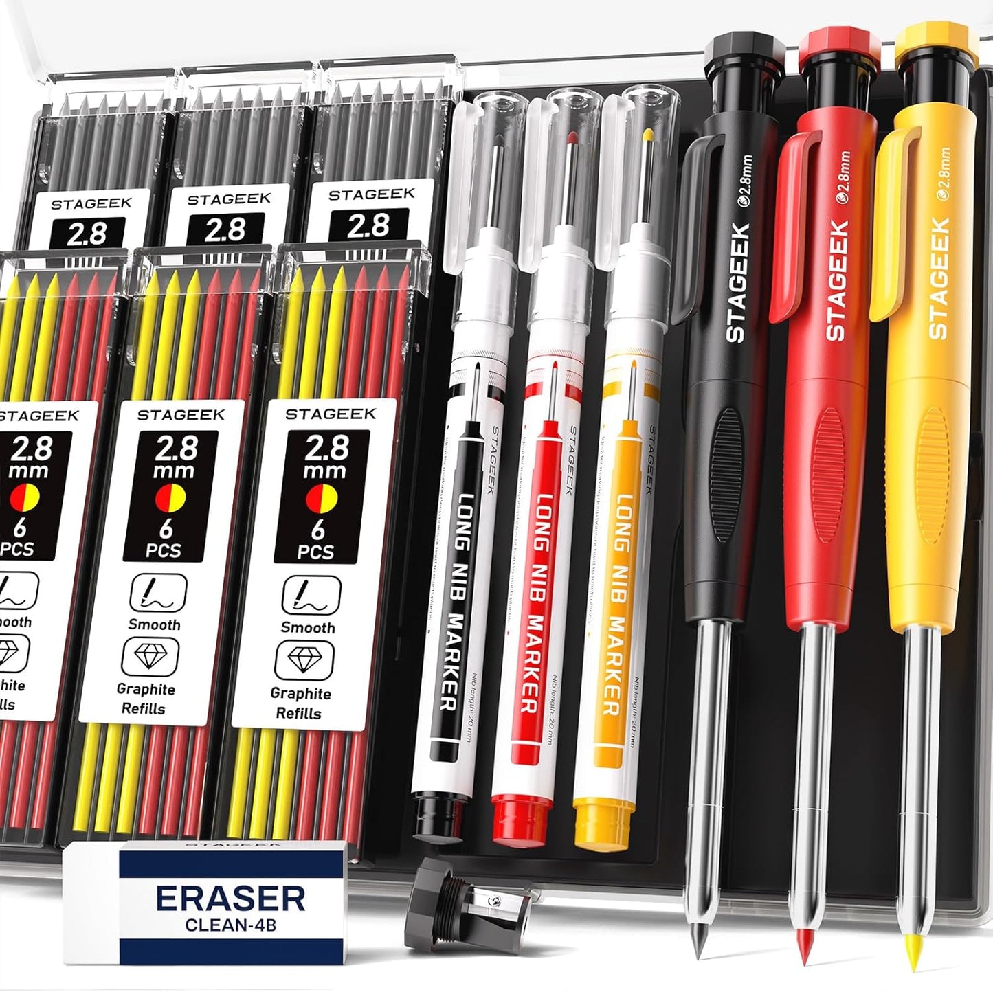 Carpenter Pencils with Sharpener, 2.8mm Mechanical Pencil Set with 26 Refills, Waterproof Deep Hole Long Nib Marker for Architect Marking, Heavy Duty Woodworking Tools for Construction Electricians