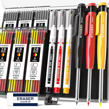 Carpenter Pencils with Sharpener, 2.8mm Mechanical Pencil Set with 26 Refills, Waterproof Deep Hole Long Nib Marker for Architect Marking, Heavy Duty Woodworking Tools for Construction Electricians