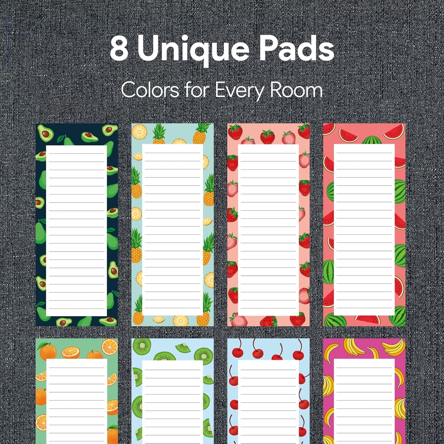 8 Magnetic Notepads – Notepads for Grocery List, Shopping List, To-Do List, Reminders -Strong Magnetic Back- Memo Notepad with Realistic Fruit Designs | 25 Sheets per Pad 7.5 x 3.5 inch (8 Pack)