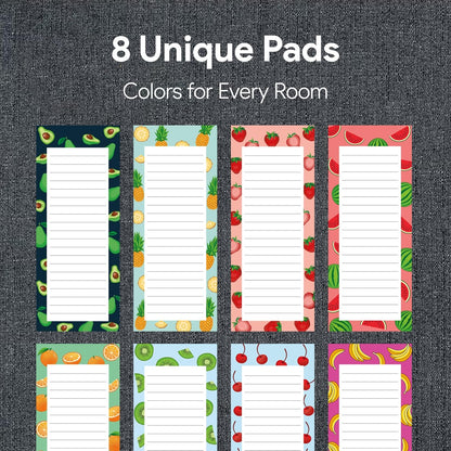 8 Magnetic Notepads – Notepads for Grocery List, Shopping List, To-Do List, Reminders -Strong Magnetic Back- Memo Notepad with Realistic Fruit Designs | 25 Sheets per Pad 7.5 x 3.5 inch (8 Pack)