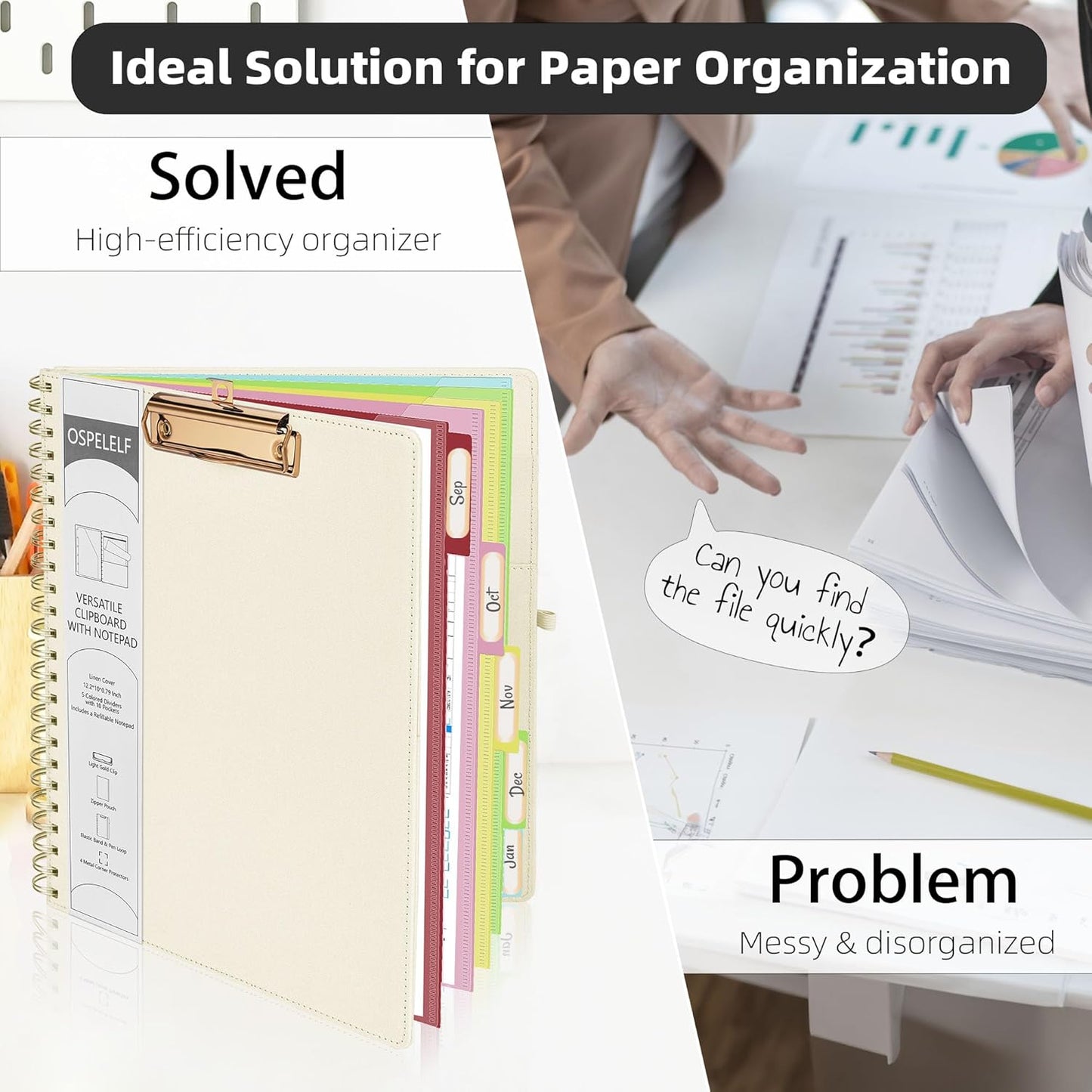 Ospelelf Foldable Spiral Clipboard Folio with Storage Zipper Pouch, 5 Plastic Folders with 10 Pockets,Refillable Lined Notepad (11" x 8.5"), Hardcover Project Organizer with 39 Stickers (Purple)